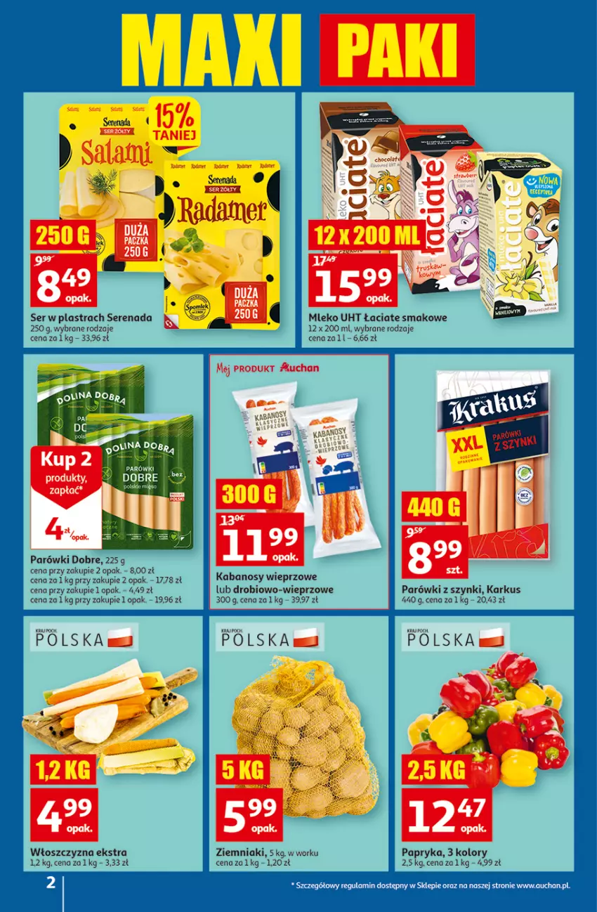 Gazetka promocyjna Auchan - Gazetka przeNISKIE CENY – przeWybór z MAXI PAKAMI Supermarkety - ważna 15.09 do 21.09.2022 - strona 2 - produkty: Kabanos, Mleko, Papryka, Parówki, Parówki z szynki, Ser, Ziemniaki