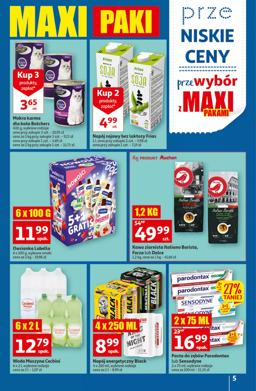 Gazetka promocyjna Auchan - Gazetka przeNISKIE CENY – przeWybór z MAXI PAKAMI Supermarkety - ważna 15.09 do 21.09.2022 - strona 5 - produkty: Bell, Bella, Kawa, Kawa ziarnista, Lack, Lubella, Mokra karma, Mus, Napój, Napój energetyczny, Owsianka, Parodontax, Pasta do zębów, Sensodyne, Szyna, Woda