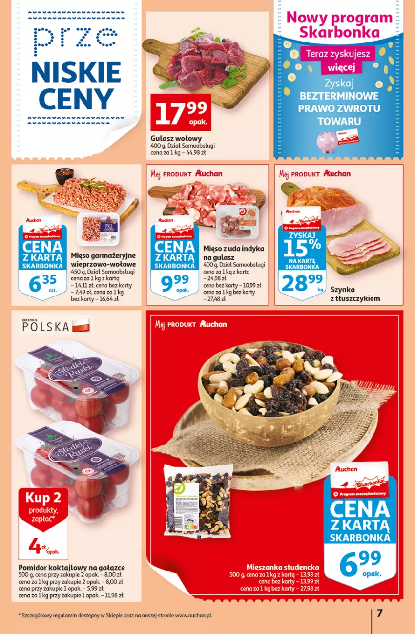 Gazetka promocyjna Auchan - Gazetka przeNISKIE CENY – przeWybór z MAXI PAKAMI Supermarkety - ważna 15.09 do 21.09.2022 - strona 7 - produkty: Gulasz wołowy, Mięso, Mięso garmażeryjne, Szynka