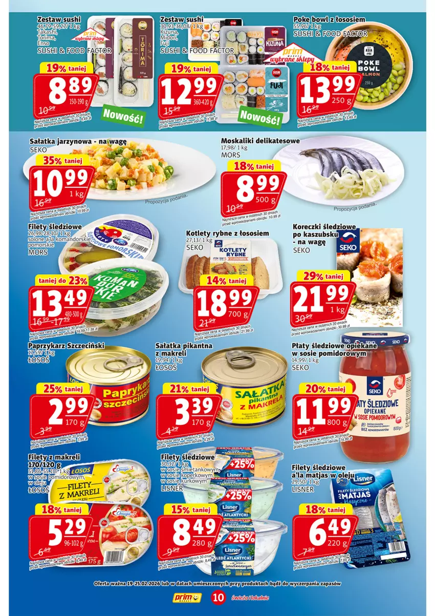 Gazetka promocyjna Prim Market - ważna 19.02 do 25.02.2026 - strona 10 - produkty: Fa, Koreczki śledziowe, Kotlet, Lisner, Matjas, Olej, Sałat, Sałatka, SEKO, Sos, Sushi