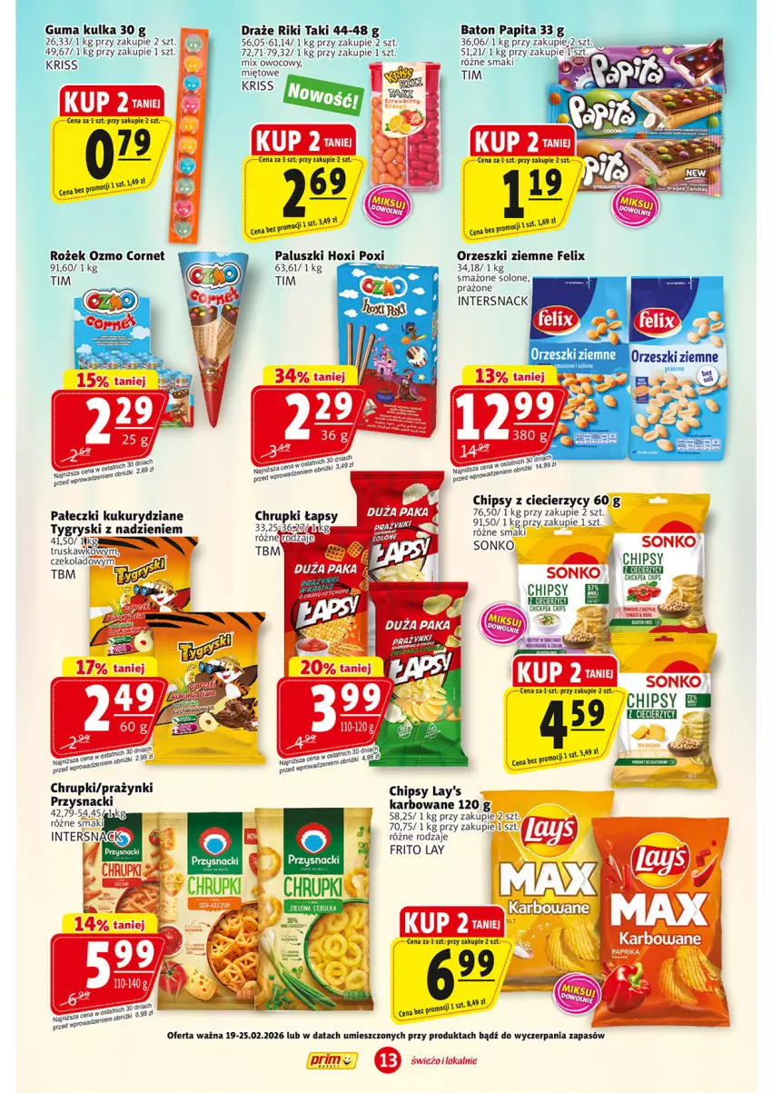 Gazetka promocyjna Prim Market - ważna 19.02 do 25.02.2026 - strona 13 - produkty: Baton, Chipsy, Chrupki, Felix, Gry, Orzeszki, Orzeszki ziemne, Przysnacki, Sonko