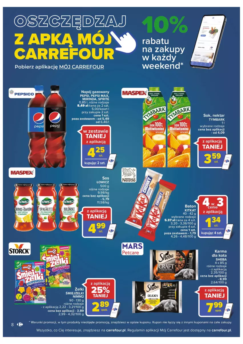 Gazetka promocyjna Carrefour - Gazetka Carrefour - ważna 16.08 do 28.08.2022 - strona 8 - produkty: Kosz, Mirinda, Napój, Napój gazowany, Nektar, Nimm2, Pepsi, Pepsi max, Sheba, Sok, Sprite, Tymbark