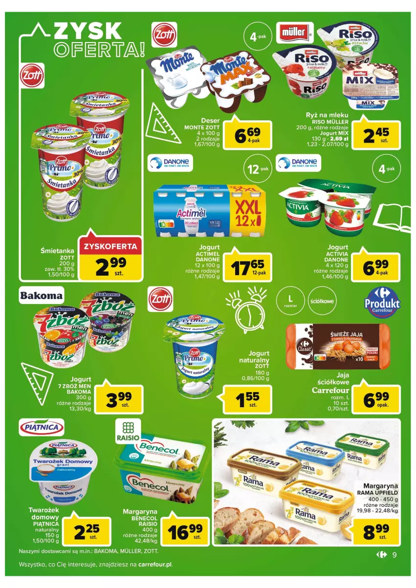 Gazetka promocyjna Carrefour - Gazetka Carrefour - ważna 16.08 do 28.08.2022 - strona 9 - produkty: Actimel, Activia, Bakoma, Benecol, Danone, Jaja, Jogurt, Margaryna, Monte, Piątnica, Rama, Ryż, Ryż na mleku, Zott