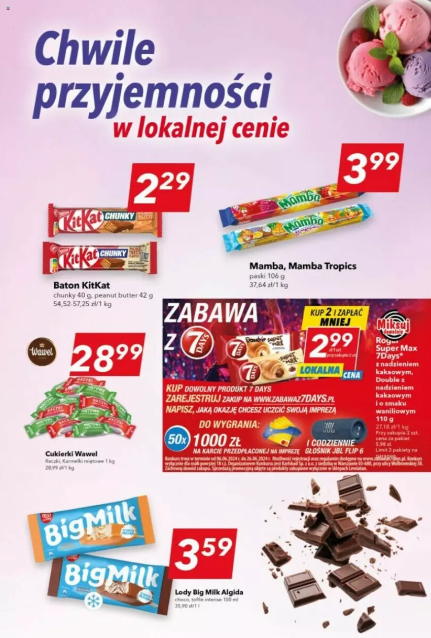 Gazetka promocyjna Lewiatan - ważna 20.06 do 26.06.2024 - strona 12 - produkty: Algida, Baton, Big Milk, Cukier, Cukierki, LG, Lody, Mamba, Wawel