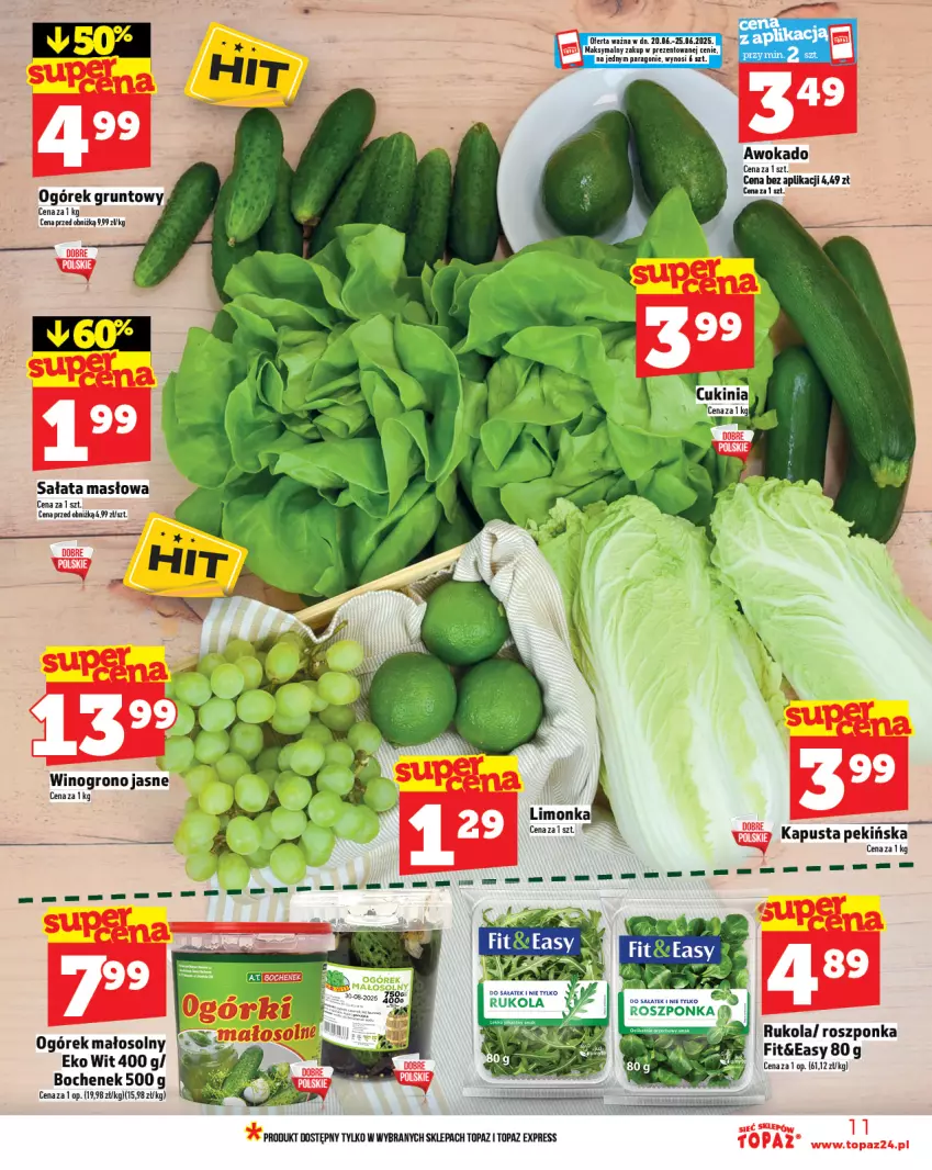 Gazetka promocyjna Topaz - Gazetka - ważna 19.06 do 25.06.2025 - strona 11 - produkty: Grunt, Limonka, Masło, Ogórek, Roszponka, Rukola, Sałat, Sałata masłowa, Top, Wino
