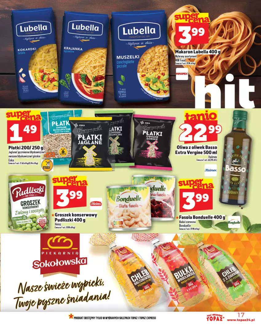 Gazetka promocyjna Topaz - Gazetka - ważna 19.06 do 25.06.2025 - strona 17 - produkty: Bell, Bella, Bonduelle, Fa, Fasola, Gin, Groszek, Lubella, Mus, Oliwa, Oliwa z oliwek, Pudliszki, Ser, Top