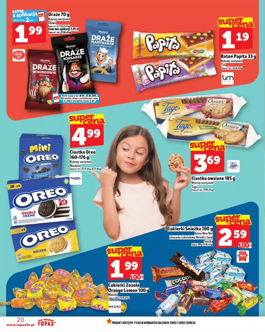 Gazetka promocyjna Topaz - Gazetka - ważna 19.06 do 25.06.2025 - strona 20 - produkty: Baton, Ciastka, Cukier, Cukierki, Kakao, Kawa, Michałki, Oreo, Tago, Top