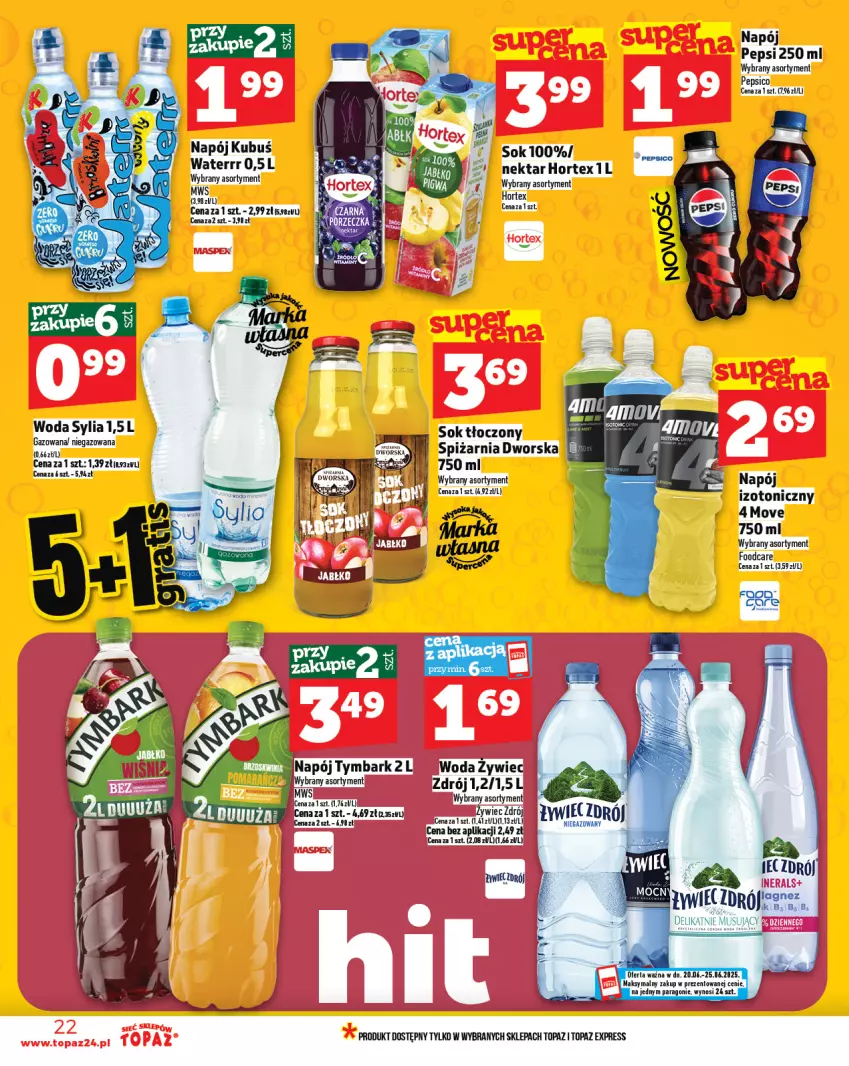 Gazetka promocyjna Topaz - Gazetka - ważna 19.06 do 25.06.2025 - strona 22 - produkty: Hortex, Kubuś, Mus, Napój, Nektar, Pepsi, Sok, Top, Woda