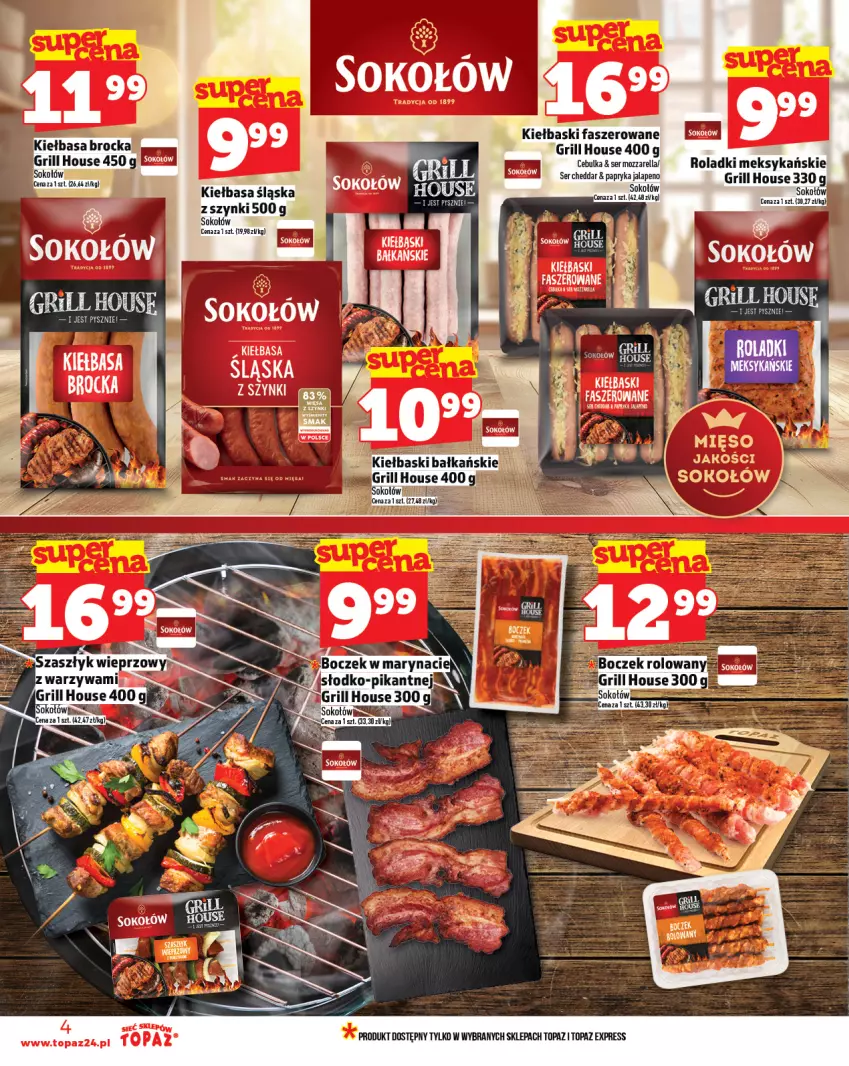 Gazetka promocyjna Topaz - Gazetka - ważna 19.06 do 25.06.2025 - strona 4 - produkty: Boczek, Cheddar, Fa, Grill, Kiełbasa, Kiełbasa śląska, Mozzarella, Papryka, Ser, Sok, Sokołów, Top, Warzywa