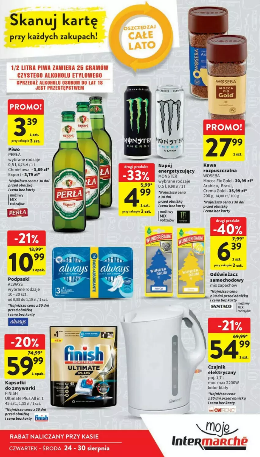 Gazetka promocyjna Intermarche - ważna 24.08 do 30.08.2023 - strona 38 - produkty: Always, BIC, Czajnik, Czajnik elektryczny, Finish, Kawa, Kawa rozpuszczalna, Mocca Fix Gold, Napój, Perła, Piwo, Podpaski, Por, Woseba, Zmywarki