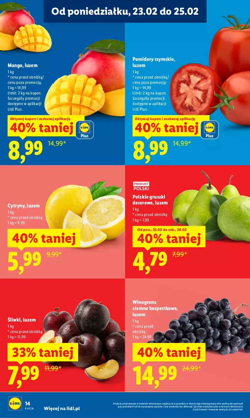 Gazetka promocyjna Lidl - Oferta ważna od 23.02 do 25.02 - ważna 23.02 do 25.02.2026 - strona 14 - produkty: Cytryny, Deser, Gruszki, Mango, Pomidory, Ser, Wino, Winogrona