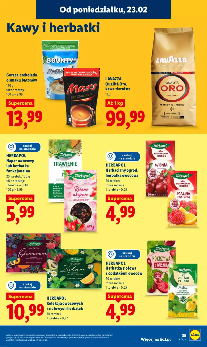 Gazetka promocyjna Lidl - Oferta ważna od 23.02 do 25.02 - ważna 23.02 do 25.02.2026 - strona 35 - produkty: Baton, Czekolada, Herbapol, Kawa, Kawa ziarnista, Lavazza, Ogród, Torebka