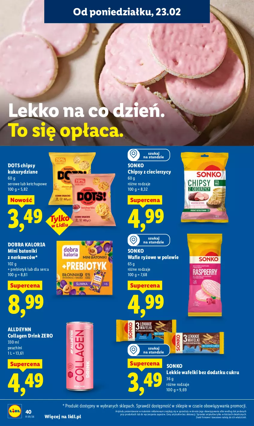 Gazetka promocyjna Lidl - Oferta ważna od 23.02 do 25.02 - ważna 23.02 do 25.02.2026 - strona 40 - produkty: Baton, Chipsy, Ketchup, Ryż, Ser, Sonko, Tonik, Wafle