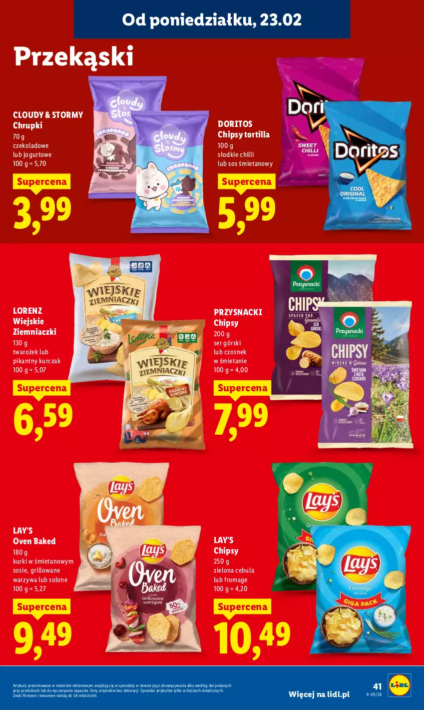 Gazetka promocyjna Lidl - Oferta ważna od 23.02 do 25.02 - ważna 23.02 do 25.02.2026 - strona 41 - produkty: Cebula, Chipsy, Chrupki, Czosnek, Grill, Jogurt, Kurczak, Lay’s, Lorenz, Przysnacki, Ser, Sos, Tortilla, Warzywa