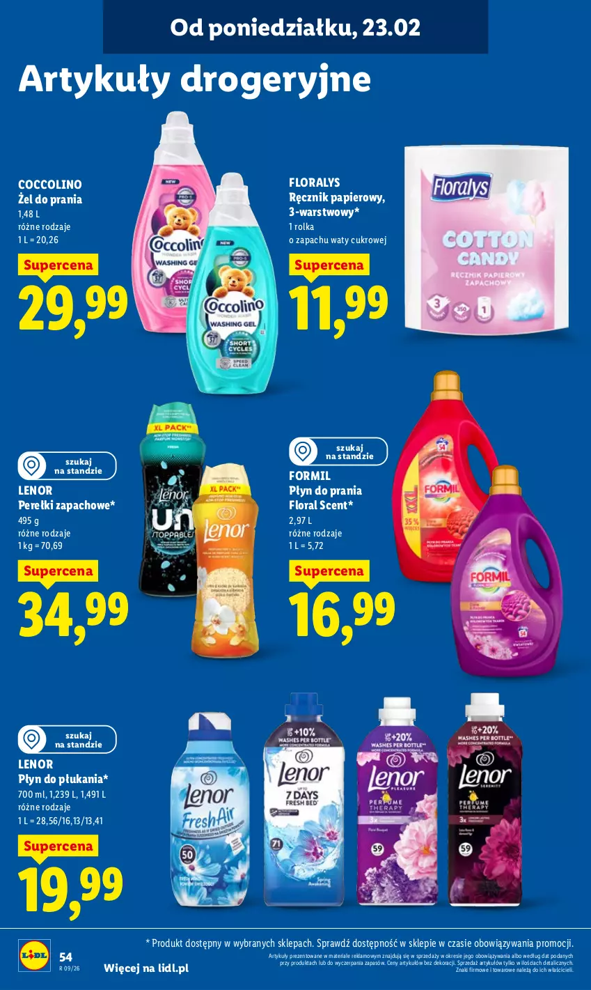 Gazetka promocyjna Lidl - Oferta ważna od 23.02 do 25.02 - ważna 23.02 do 25.02.2026 - strona 54 - produkty: Coccolino, Flora, Lenor, Papier, Perełki zapachowe, Płyn do płukania, Płyn do prania, Ręcznik