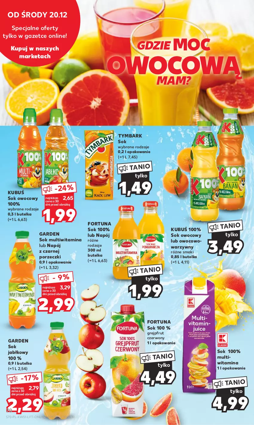 Gazetka promocyjna Kaufland - Gazetka tygodnia - ważna 20.12 do 27.12.2023 - strona 70 - produkty: Fortuna, Grejpfrut, Kubuś, Napój, Napoje, Por, Sok, Sok jabłkowy, Tymbark