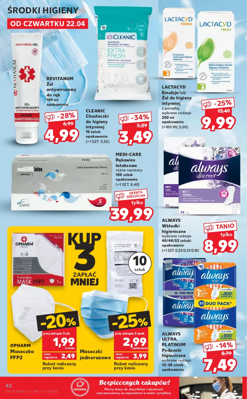 Gazetka promocyjna Kaufland - OFERTA TYGODNIA - ważna 22.04 do 27.04.2021 - strona 42 - produkty: Always, Always Ultra, BIC, Chusteczki, Chusteczki do higieny, Cleanic, Emulsja, Lactacyd, Piec, Podpaski, Rękawice, Rękawice lateksowe, Wkładki