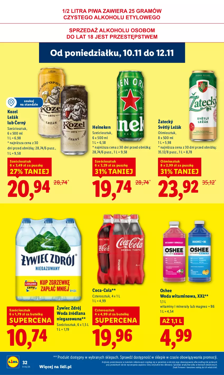 Gazetka promocyjna Lidl - GAZETKA - ważna 10.11 do 12.11.2025 - strona 32 - produkty: Coca-Cola, Heineken, Kozel, LANA, Magnez, Oshee, Woda