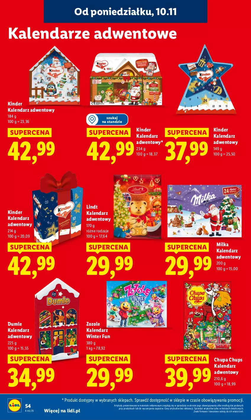 Gazetka promocyjna Lidl - GAZETKA - ważna 10.11 do 12.11.2025 - strona 54 - produkty: Chupa Chups, Kalendarz, Kalendarz adwentowy, Kinder, Lindt, Milka