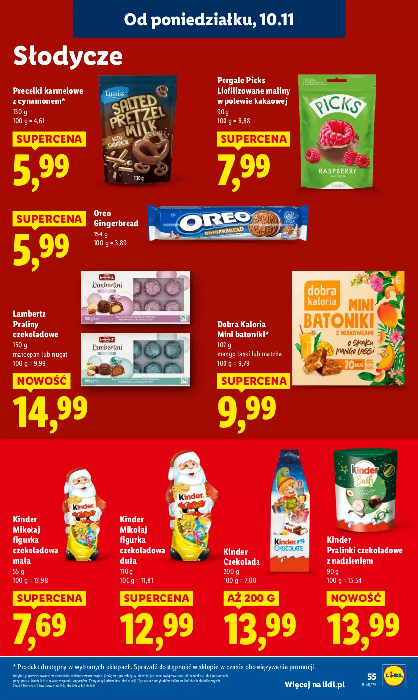 Gazetka promocyjna Lidl - GAZETKA - ważna 10.11 do 12.11.2025 - strona 55 - produkty: Baton, Czekolada, Gin, Kakao, Kinder, Maliny, Mango, Oreo, Praliny, Precelki, Tonik