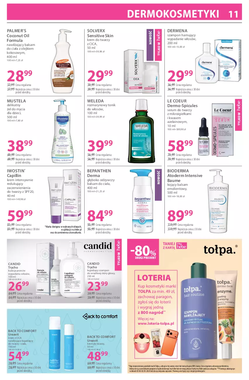 Gazetka promocyjna Hebe - Gazetka - ważna 03.04 do 17.04.2026 - strona 11 - produkty: Atoderm, Balsam do ciała, Bepanthen, Bioderma, Dermena, Dzieci, Gra, Iwostin, Kokos, Krem do twarzy, Mus, Mustela, Nawilżający balsam, Olej, Rum, Ser, Serum, Serum do twarzy, Szampon, Tołpa, Tonik, Weleda