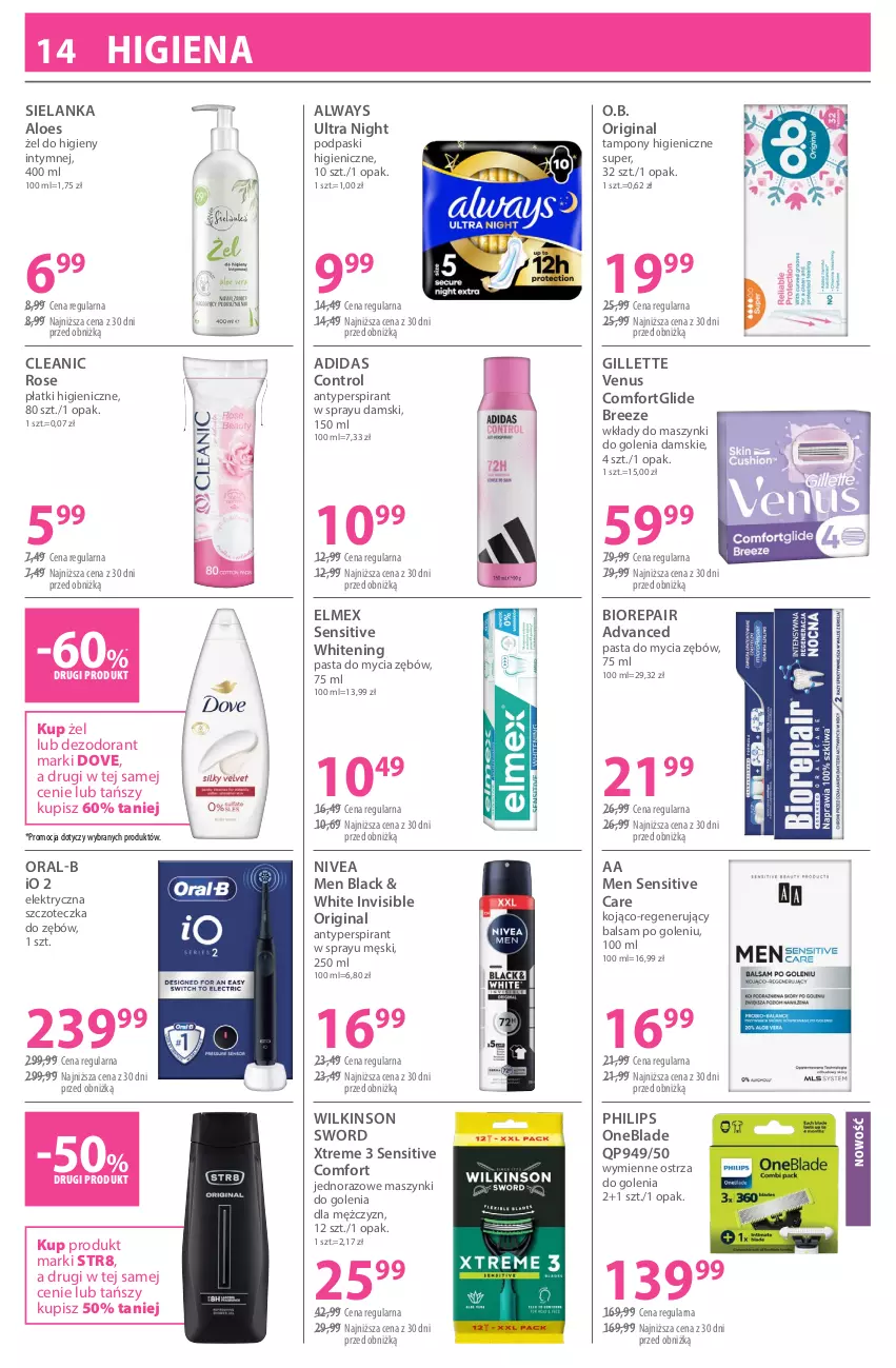 Gazetka promocyjna Hebe - Gazetka - ważna 03.04 do 17.04.2026 - strona 14 - produkty: Adidas, Always, Always Ultra, Antyperspirant, Balsam po goleniu, Biorepair, Cleanic, Control, Dezodorant, Dove, Elektryczna szczoteczka, Elmex, Gillette, Gillette Venus, Gin, Lack, Nivea, Nivea Men, O.B., Philips, Philips OneBlade, Podpaski, Str8, Szczoteczka, Szczoteczka do zębów, Tampony, Venus, Wilkinson Sword