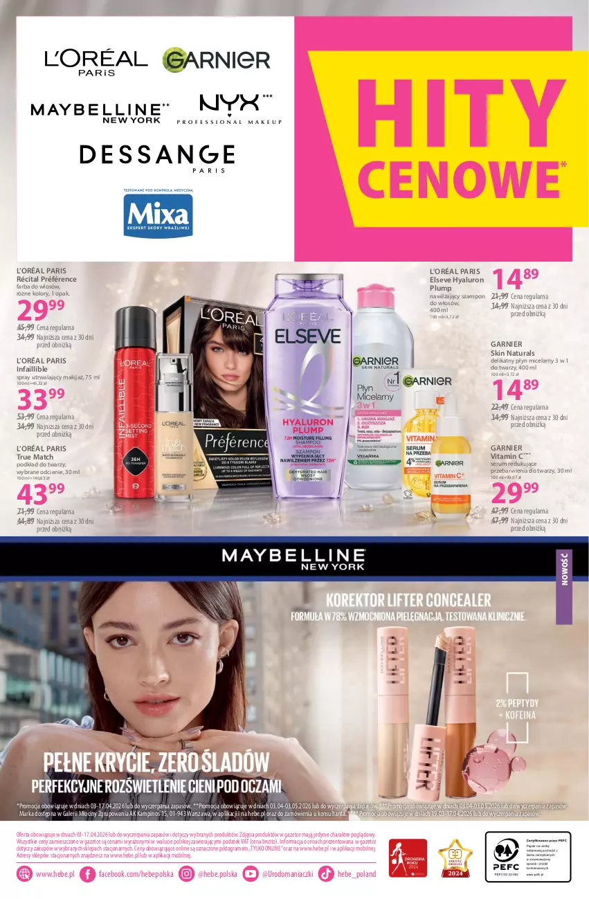 Gazetka promocyjna Hebe - Gazetka - ważna 03.04 do 17.04.2026 - strona 18 - produkty: Dres, Elseve, Fa, Farba do włosów, Garnier, Gra, L’Oréal, Makijaż, Mobil, Płyn micelarny, Podkład, Podkład do twarzy, Rum, Ser, Serum, Szampon