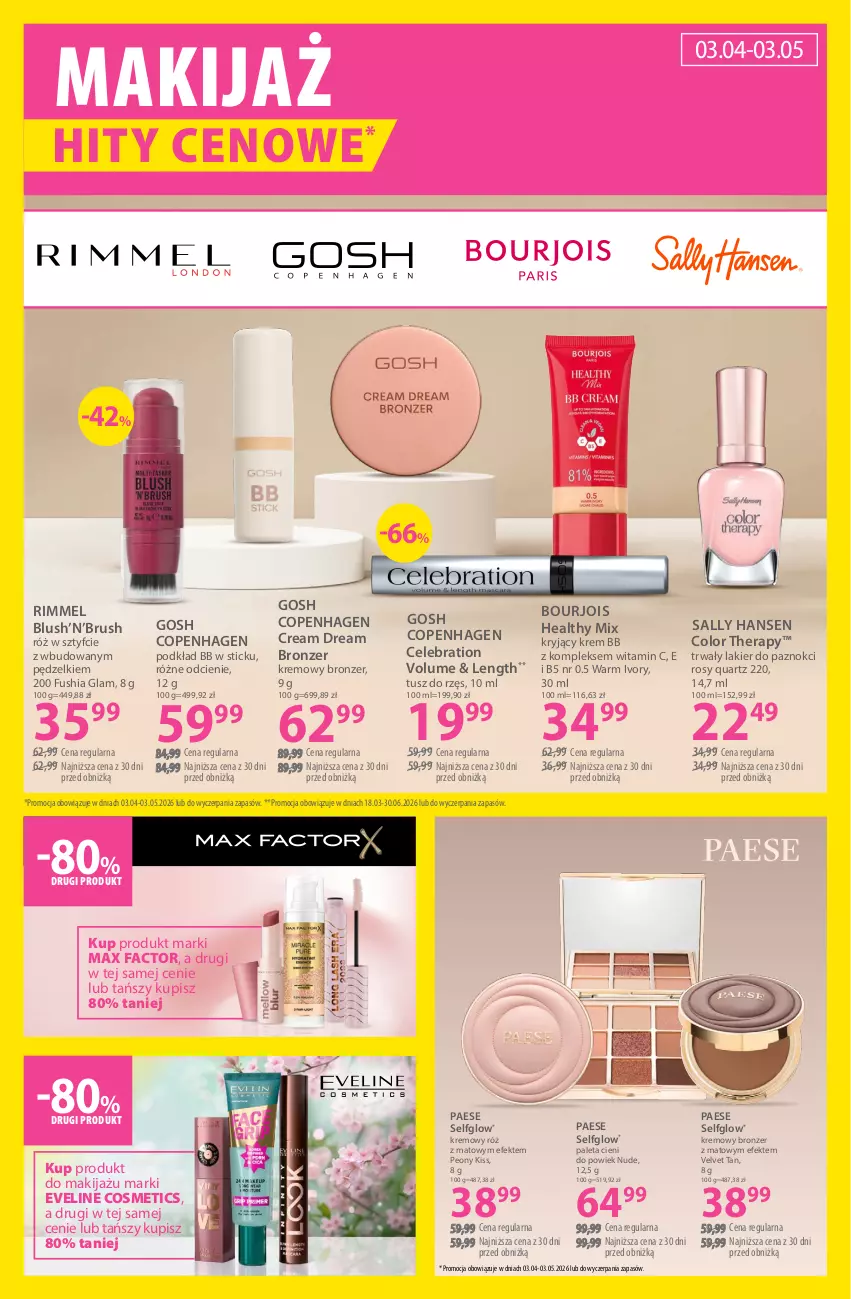 Gazetka promocyjna Hebe - Gazetka - ważna 03.04 do 17.04.2026 - strona 3 - produkty: Bourjois, Bronzer, Eveline, Fa, Gosh, Krem bb, Lakier, Lakier do paznokci, Makijaż, Max Factor, PAESE, Paleta, Podkład, Sally Hansen, Tusz, Velvet