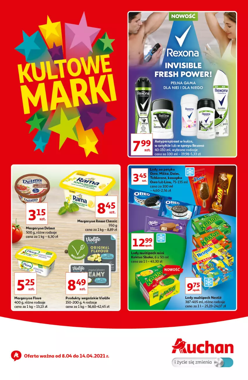 Gazetka promocyjna Auchan - Kultowe marki Hipermarkety - ważna 08.04 do 14.04.2021 - strona 1 - produkty: Antyperspirant, Delma, Flora, Gin, Margaryna, Rama, Rexona