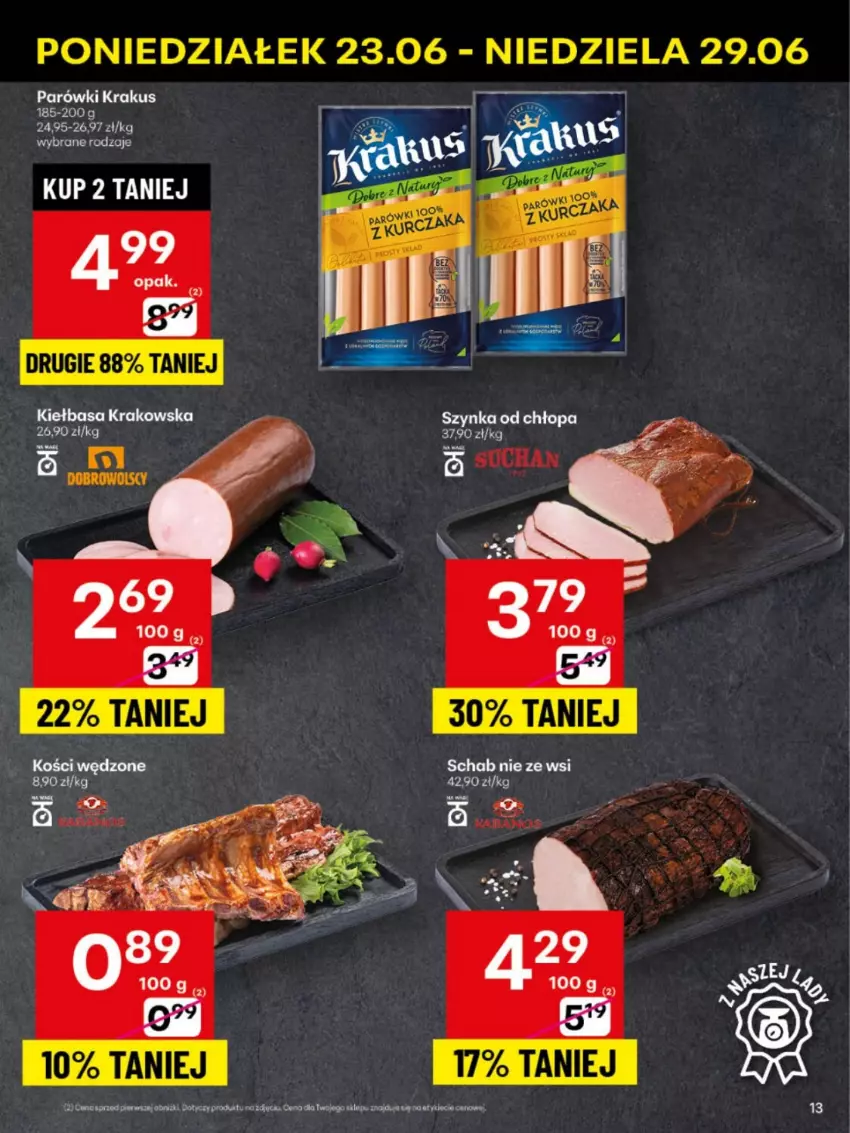 Gazetka promocyjna Delikatesy Centrum - Franczyza DC26 Poniedziałek - ważna 23.06 do 29.06.2025 - strona 13 - produkty: Kiełbasa, Kiełbasa krakowska, Krakus, Parówki, Szynka