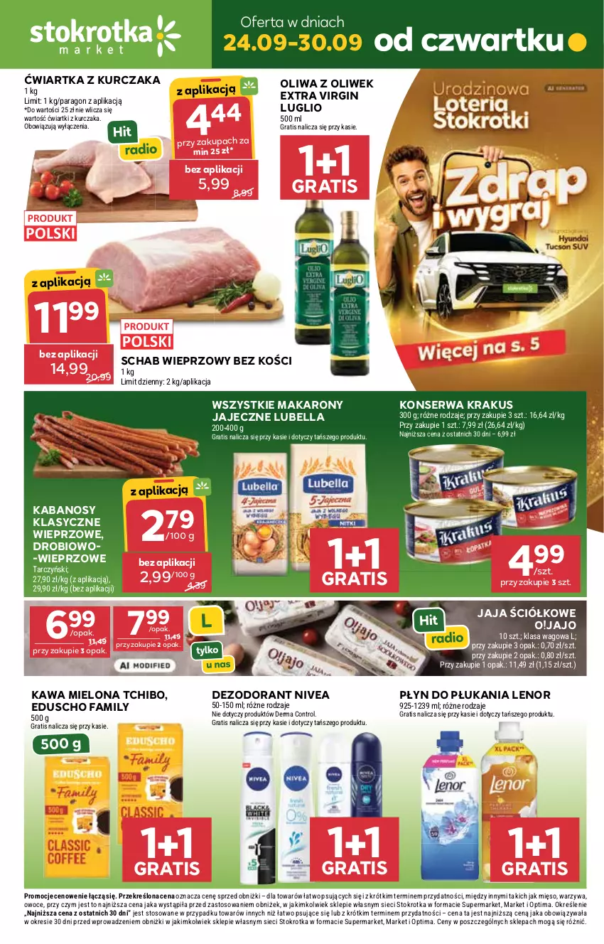 Gazetka promocyjna Stokrotka - Market - ważna 24.09 do 30.09.2026 - strona 1 - produkty: Bell, Bella, Control, Dezodorant, Fa, Gin, Gra, Jaja, Kabanos, Kawa, Kawa mielona, Krakus, Kurczak, Lenor, Lubella, Makaron, Mięso, Nivea, Oliwa, Oliwa z oliwek, Optima, Owoce, Płyn do płukania, Schab wieprzowy, Ser, Tarczyński, Tchibo, Warzywa