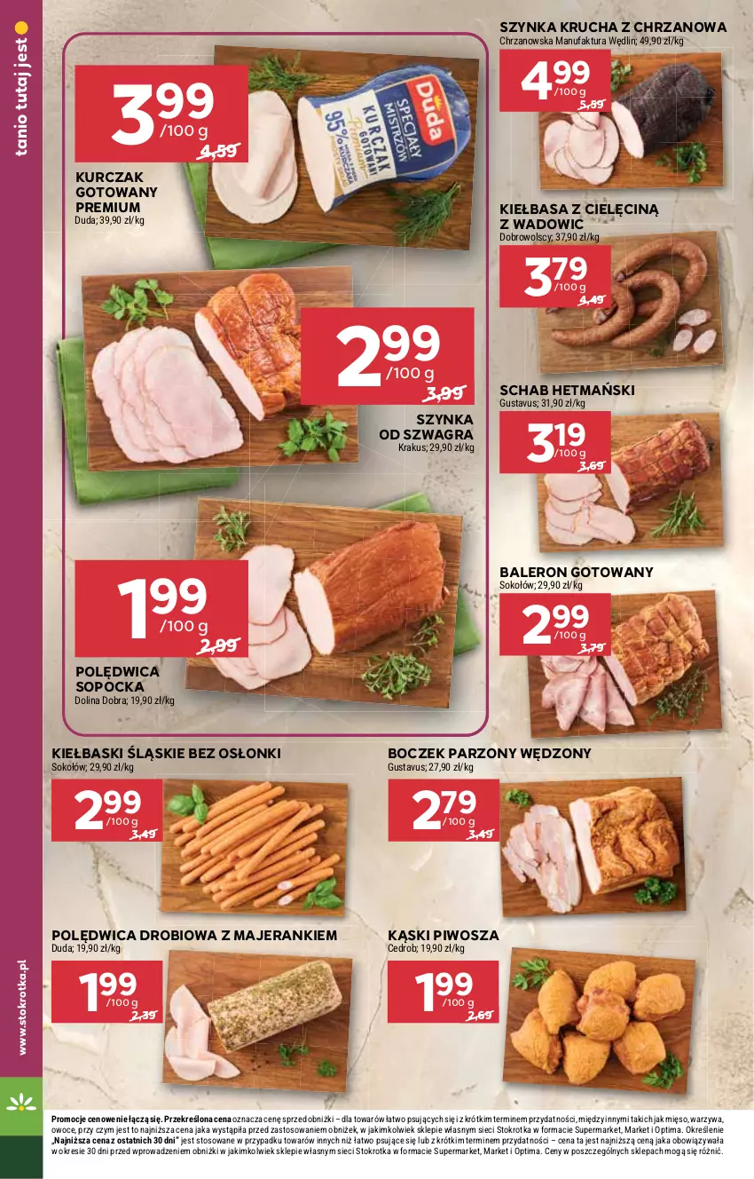 Gazetka promocyjna Stokrotka - Market - ważna 24.09 do 30.09.2026 - strona 14 - produkty: Boczek, Chrzan, Duda, Fa, Gra, Kiełbasa, Kiełbaski śląskie, Krakus, Kurczak, Kurczak gotowany, Mięso, Optima, Owoce, Piwo, Polędwica, Sok, Sokołów, Szynka, Warzywa
