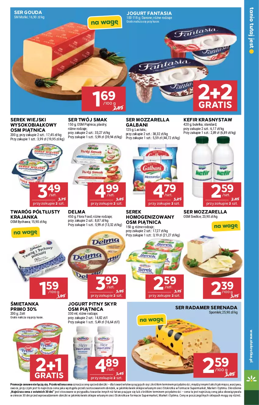 Gazetka promocyjna Stokrotka - Market - ważna 24.09 do 30.09.2026 - strona 19 - produkty: Danone, Delma, Fa, Fanta, Flora, Galbani, Gouda, Gra, Jogurt, Jogurt pitny, Kefir, Mięso, Mozzarella, Optima, Owoce, Piątnica, Radamer, Ser, Serek, Serek homogenizowany, Serek wiejski, Sok, Twaróg, Twaróg półtłusty, Twój Smak, Warzywa, Zott