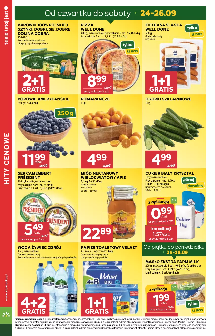 Gazetka promocyjna Stokrotka - Market - ważna 24.09 do 30.09.2026 - strona 2 - produkty: Camembert, Cukier, Fa, Farm Milk, Gra, Kiełbasa, Kiełbasa śląska, Masło, Mięso, Miód, Nektar, Obrus, Optima, Owoce, Papier, Papier toaletowy, Parówki, Pizza, Pomarańcze, Président, Ser, Velvet, Warzywa, Woda