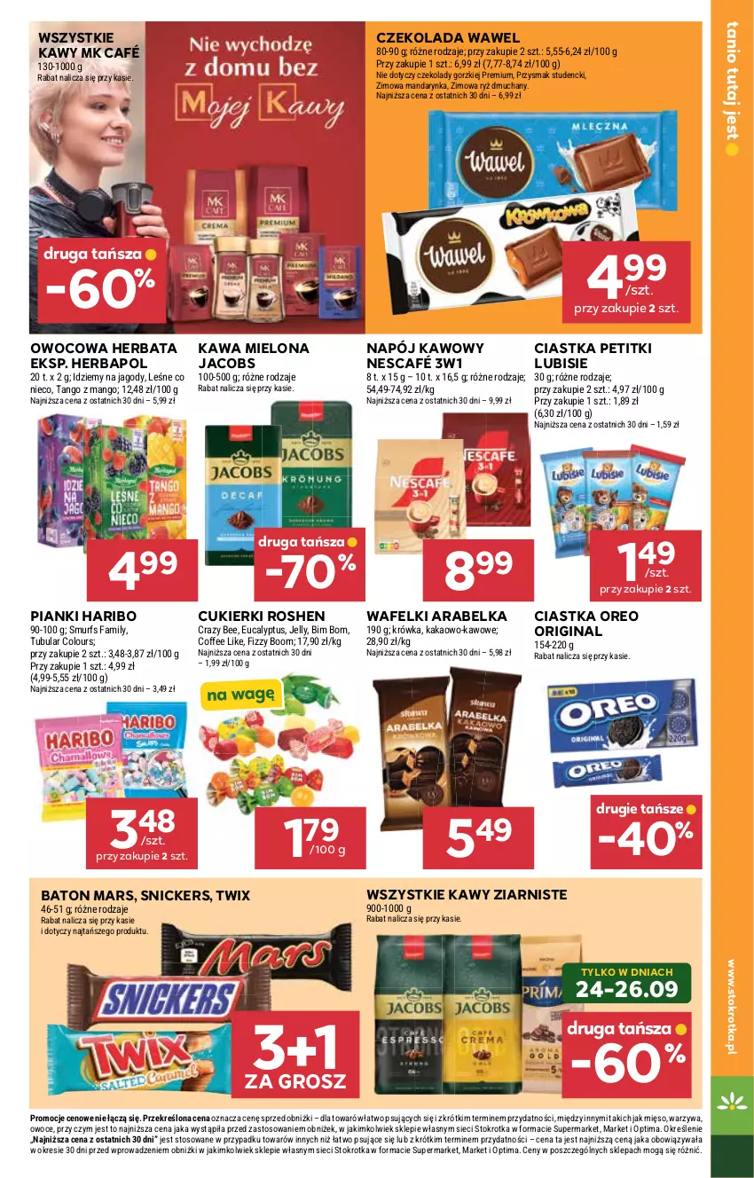 Gazetka promocyjna Stokrotka - Market - ważna 24.09 do 30.09.2026 - strona 21 - produkty: Baton, Ciastka, Cukier, Cukierki, Czekolada, Fa, Gin, Haribo, Herbapol, Herbata, Jacobs, Jagody, Kakao, Kawa, Kawa mielona, Lubisie, Mango, Mars, Mięso, Napój, Nescafé, Optima, Oreo, Owoce, Ryż, Snickers, Twix, Warzywa, Wawel