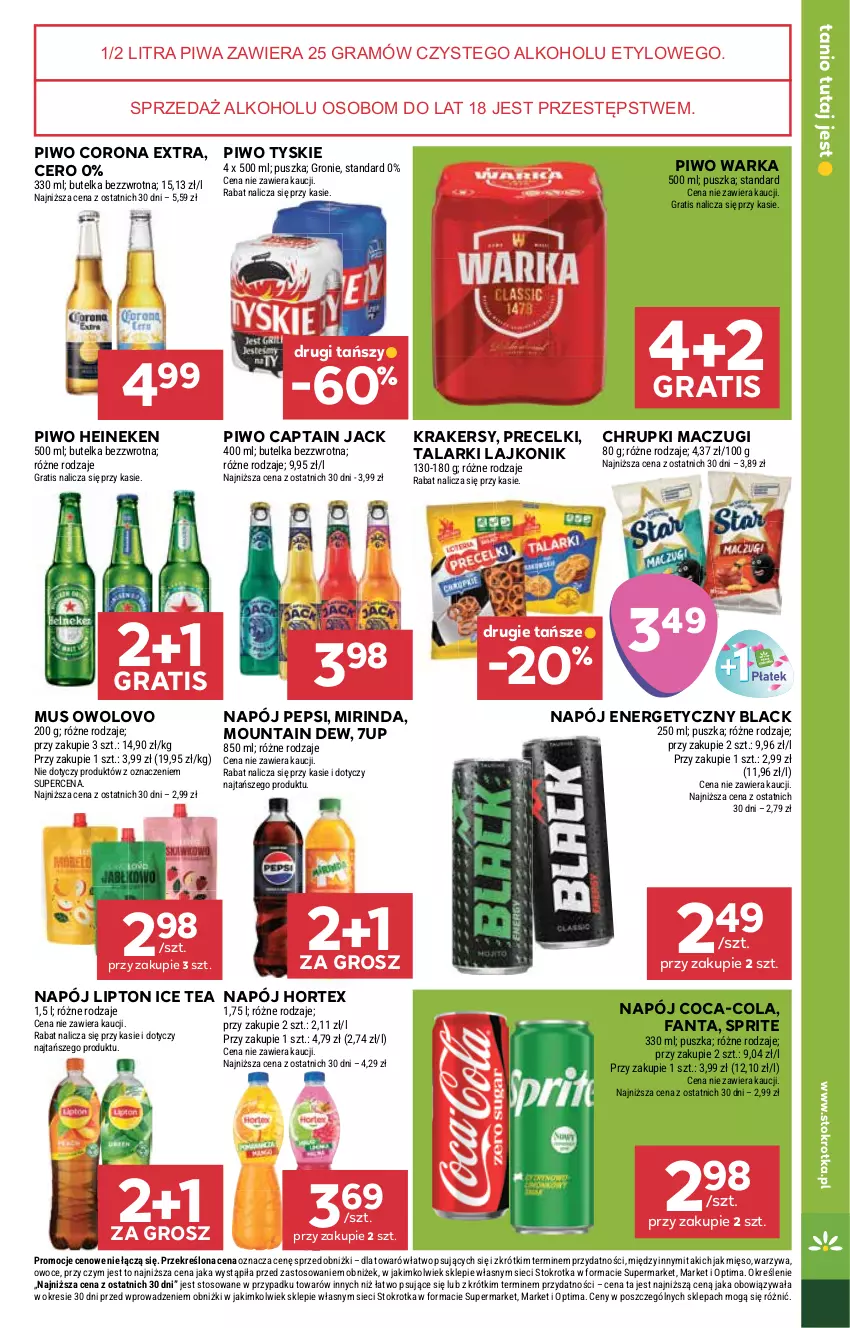Gazetka promocyjna Stokrotka - Market - ważna 24.09 do 30.09.2026 - strona 25 - produkty: 7up, Captain Jack, Chrupki, Coca-Cola, Corona Extra, Fa, Fanta, Gra, Heineken, Hortex, Ice tea, Krakersy, Lack, Lajkonik, Lipton, Mięso, Mirinda, Mus, Napój, Napój energetyczny, Optima, Owoce, Pepsi, Piwa, Piwo, Precelki, Sprite, Tyskie, Warka, Warzywa