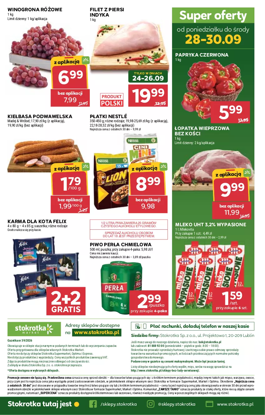Gazetka promocyjna Stokrotka - Market - ważna 24.09 do 30.09.2026 - strona 33 - produkty: Dres, Felix, Filet z piersi indyka, Gra, Kiełbasa, Kiełbasa podwawelska, Mięso, Mleko, Mlekovita, Nestlé, O nas, Optima, Owoce, Papryka, Papryka czerwona, Perła, Piwa, Piwo, Ser, Telefon, Wagi, Warzywa, Wawel, Wino, Winogrona