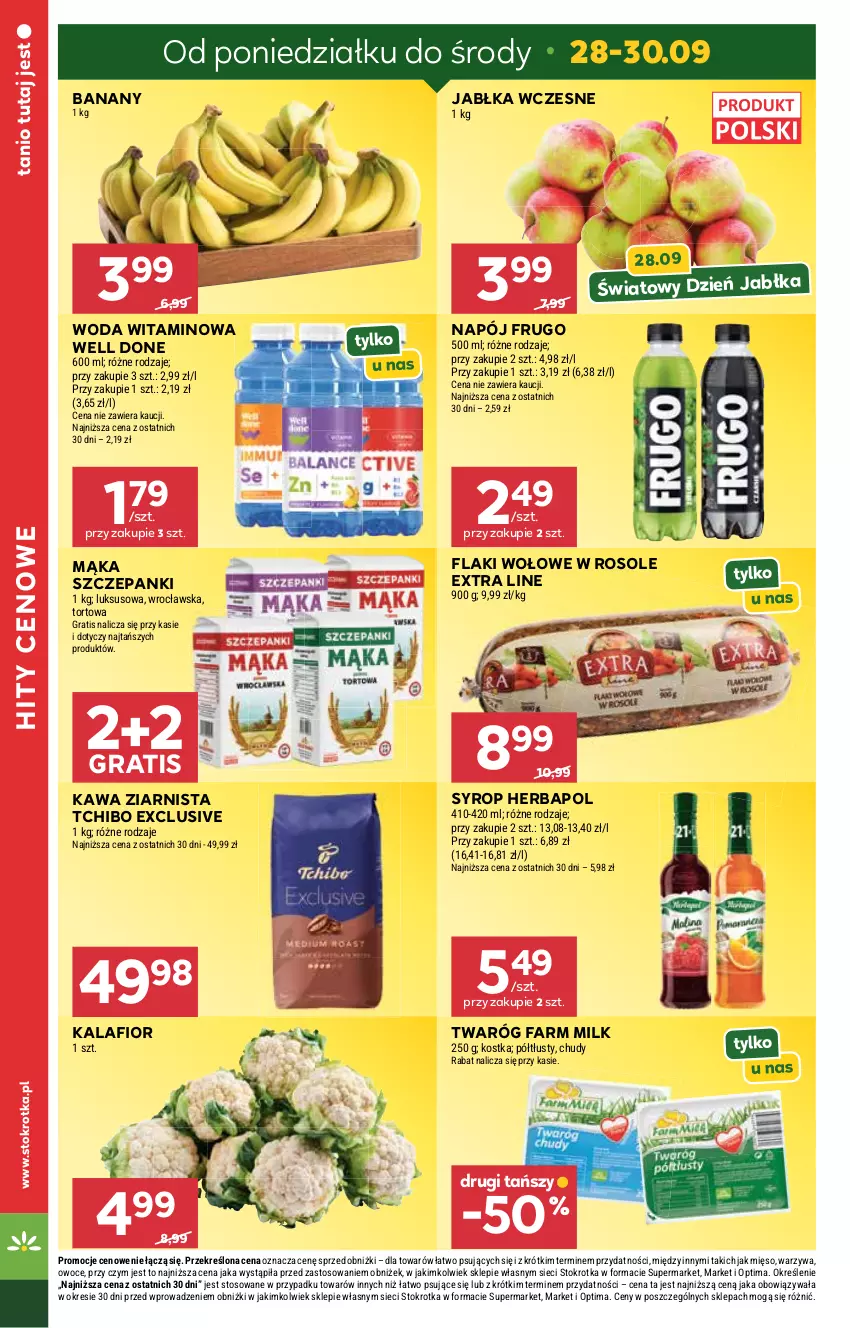 Gazetka promocyjna Stokrotka - Market - ważna 24.09 do 30.09.2026 - strona 4 - produkty: Banany, Fa, Farm Milk, Flaki, Flaki wołowe, Gra, Herbapol, Jabłka, Kalafior, Kawa, Kawa ziarnista, Mąka, Mięso, Napój, Optima, Owoce, Syrop, Tchibo, Twaróg, Warzywa, Woda