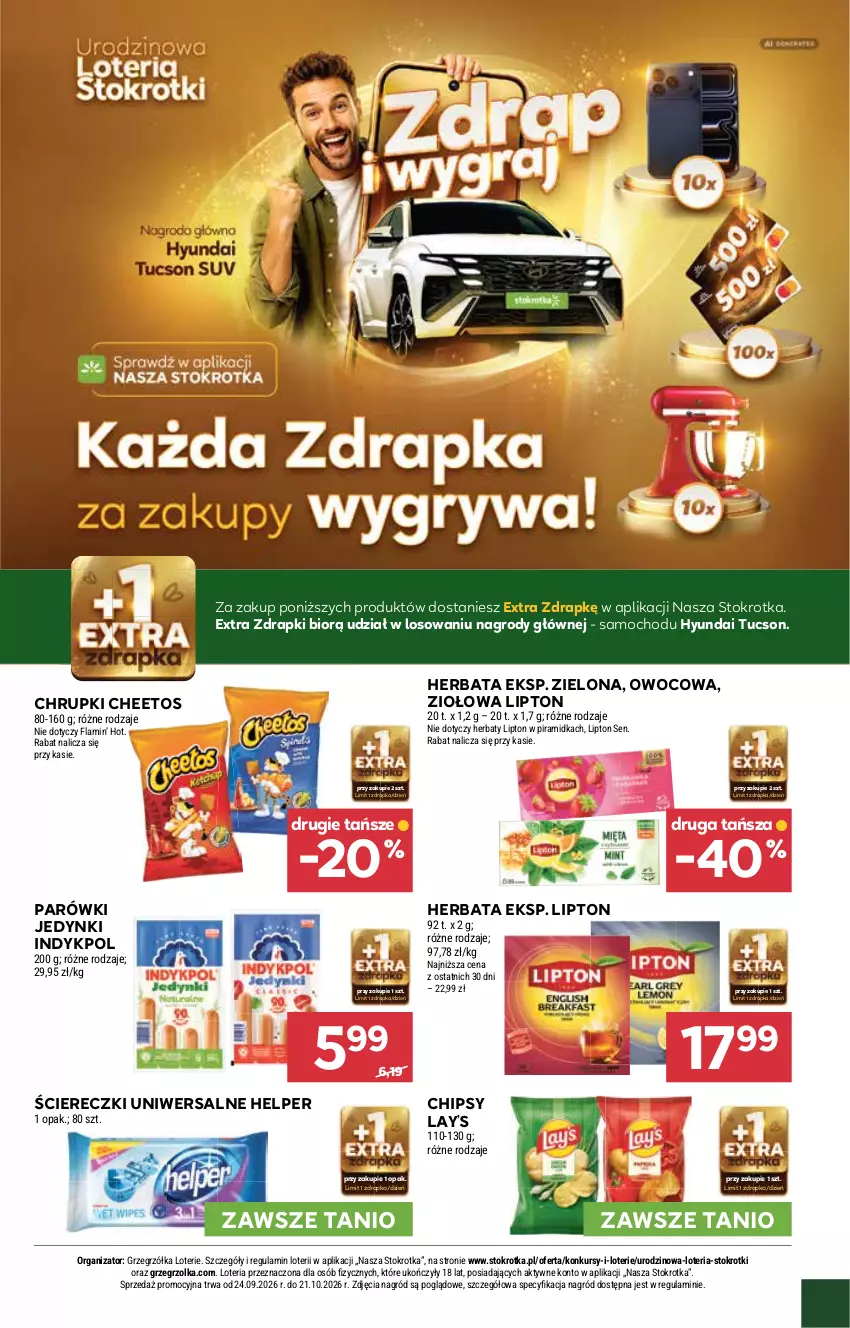 Gazetka promocyjna Stokrotka - Market - ważna 24.09 do 30.09.2026 - strona 5 - produkty: Cheetos, Chipsy, Chrupki, Herbata, Lay’s, Lipton, Parówki