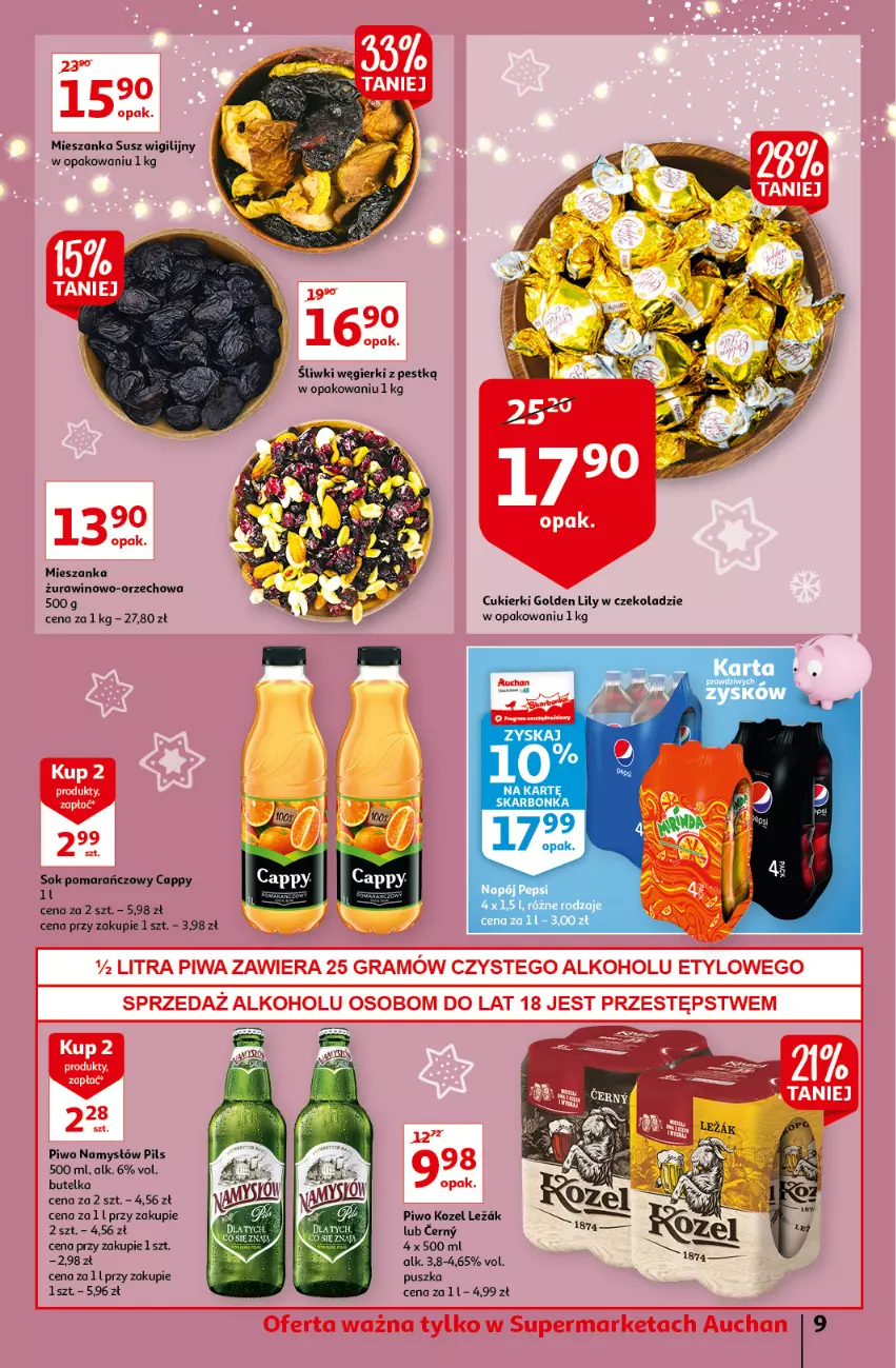 Gazetka promocyjna Auchan - Magia Świąt Supermarkety - ważna 09.12 do 15.12.2021 - strona 9 - produkty: Cappy, Cukier, Cukierki, Gra, Kozel, Namysłów, Napój, Pepsi, Piwa, Piwo, Sok, Sok pomarańczowy, Wino