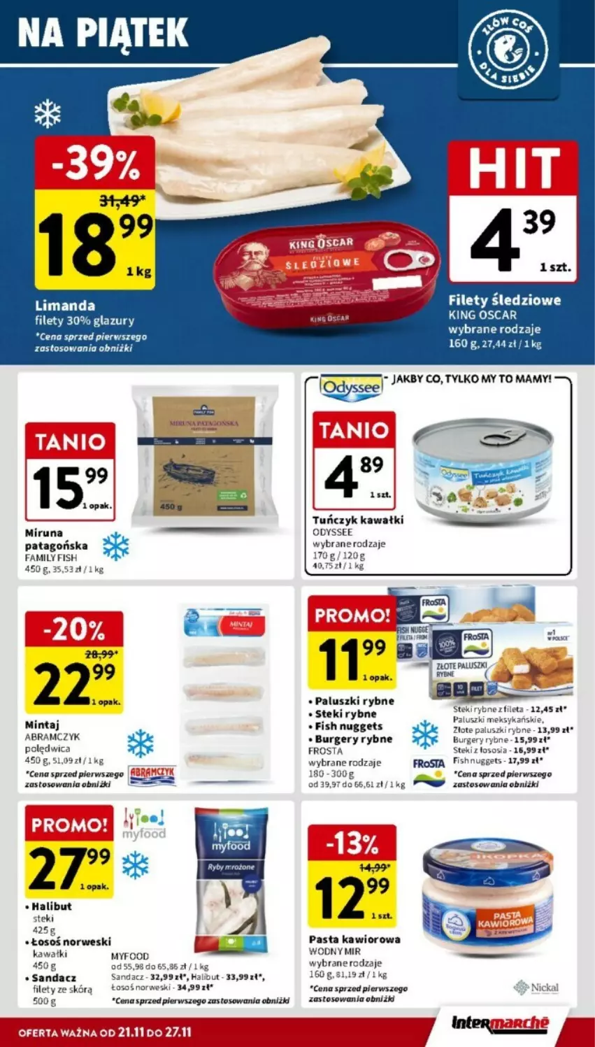 Gazetka promocyjna Intermarche - ważna 21.11 do 27.11.2024 - strona 11 - produkty: Burger, Fa, Frosta, Halibut, Kawa, Kawior, Lazur, Mintaj, Miruna, Paluszki rybne, Sandacz, Stek, Tago, Tuńczyk