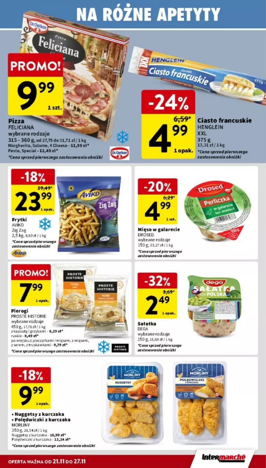 Gazetka promocyjna Intermarche - ważna 21.11 do 27.11.2024 - strona 14 - produkty: Ciasto francuskie, Dega, Frytki, Gala, Kurczak, Mięso, Mięso w galarecie, Morliny, Pesto, Piec, Pieczarka, Pierogi, Polędwiczki z kurczaka, Sałat, Sałatka, Ser