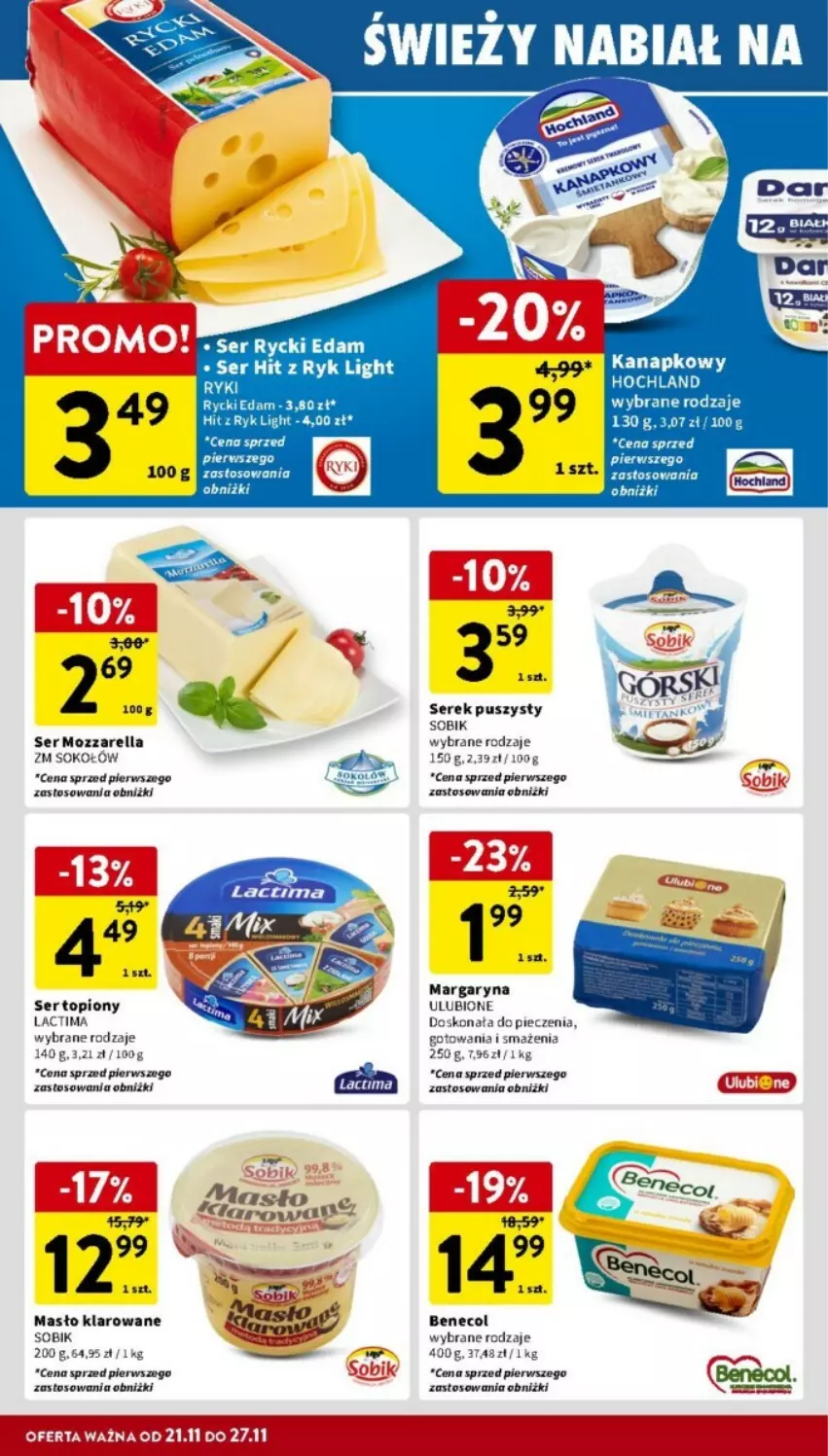 Gazetka promocyjna Intermarche - ważna 21.11 do 27.11.2024 - strona 15 - produkty: Benecol, Edam, Margaryna, Masło, Masło klarowane, Mozzarella, Piec, Rycki Edam, Ser, Serek, Serek puszysty, Sok, Sokołów, Sos, Top