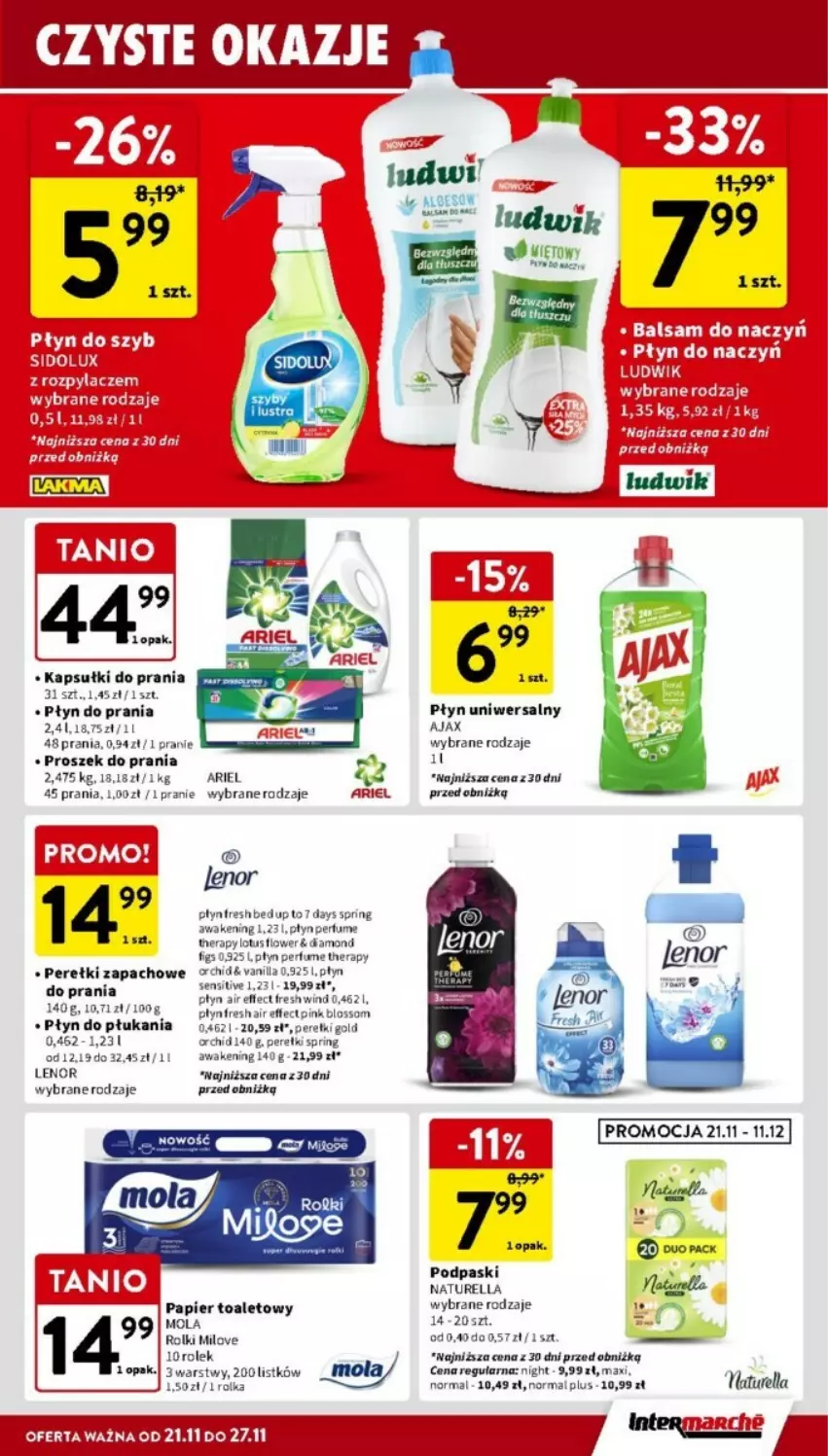 Gazetka promocyjna Intermarche - ważna 21.11 do 27.11.2024 - strona 29 - produkty: 7 Days, Ajax, Ariel, Lenor, Ludwik, Mola, Naturell, Naturella, Papier, Papier toaletowy, Perfum, Płyn do płukania, Płyn do prania, Płyn do szyb, Podpaski, Proszek do prania, Rolki