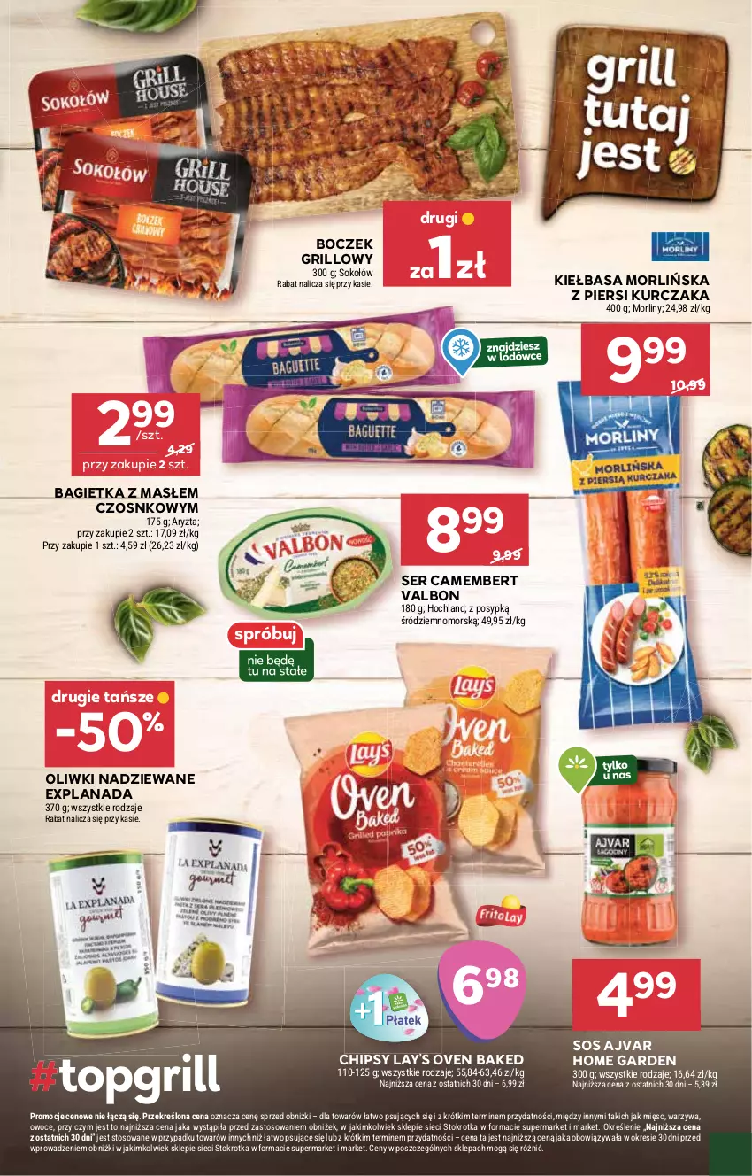 Gazetka promocyjna Stokrotka - Supermarket - ważna 13.08 do 20.08.2025 - strona 11 - produkty: Bagietka, Boczek, Camembert, Chipsy, Grill, Hochland, Kiełbasa, Kurczak, LANA, Lay’s, Mięso, Morliny, Oliwki, Owoce, Ser, Sok, Sokołów, Sos, Warzywa