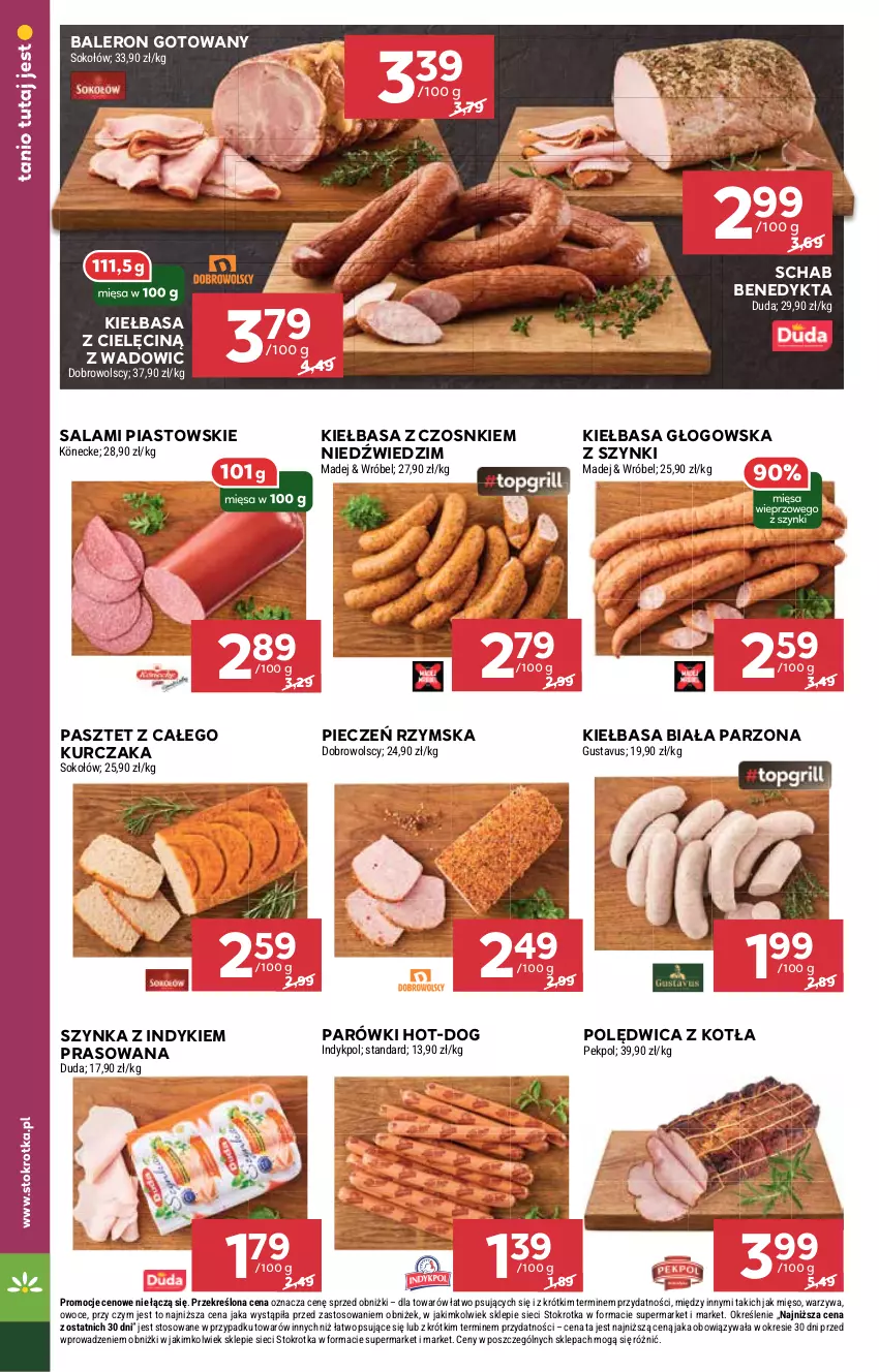 Gazetka promocyjna Stokrotka - Supermarket - ważna 13.08 do 20.08.2025 - strona 12 - produkty: Duda, Kiełbasa, Kiełbasa biała, Kiełbasa głogowska, Kurczak, Mięso, Owoce, Parówki, Pasztet, Pekpol, Piast, Piec, Pieczeń rzymska, Polędwica, Salami, Schab Benedykta, Sok, Sokołów, Szynka, Warzywa