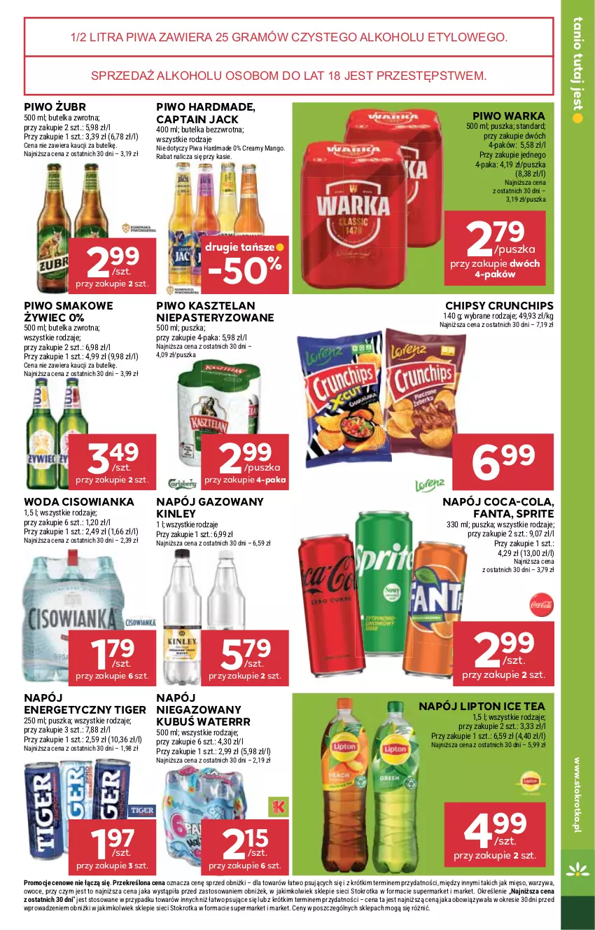 Gazetka promocyjna Stokrotka - Supermarket - ważna 13.08 do 20.08.2025 - strona 23 - produkty: Captain Jack, Chipsy, Cisowianka, Coca-Cola, Crunchips, Fa, Fanta, Gra, Ice tea, Kasztelan, Kubuś, Kubuś Waterrr, Lipton, Mango, Mięso, Napój, Napój energetyczny, Napój gazowany, Owoce, Piwa, Piwo, Sprite, Tiger, Warka, Warzywa, Woda
