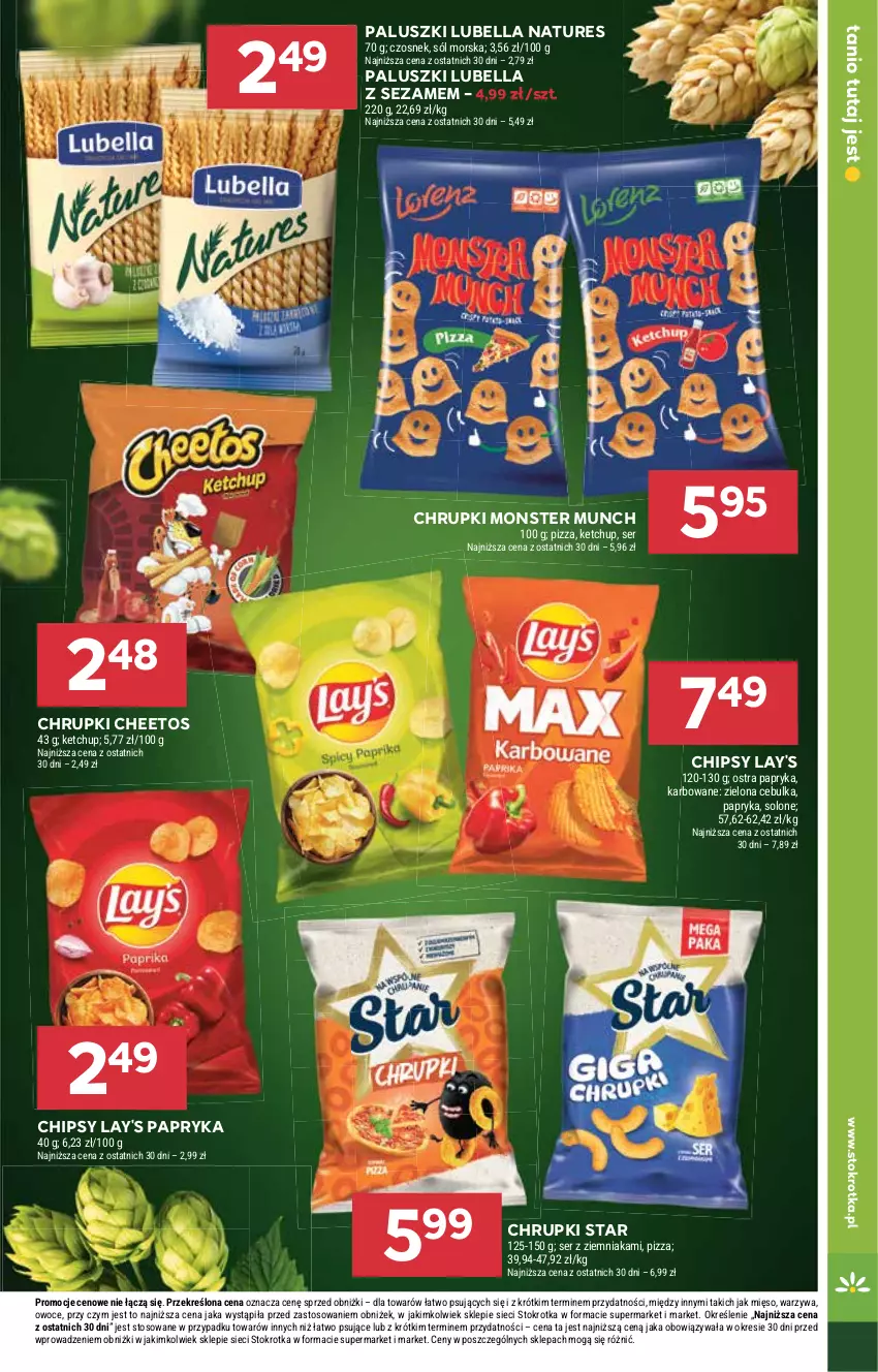 Gazetka promocyjna Stokrotka - Supermarket - ważna 13.08 do 20.08.2025 - strona 27 - produkty: Bell, Bella, Cheetos, Chipsy, Chrupki, Czosnek, Ketchup, Lubella, Mięso, Monster Munch, Owoce, Papryka, Pizza, Ser, Sezam, Sól, Warzywa