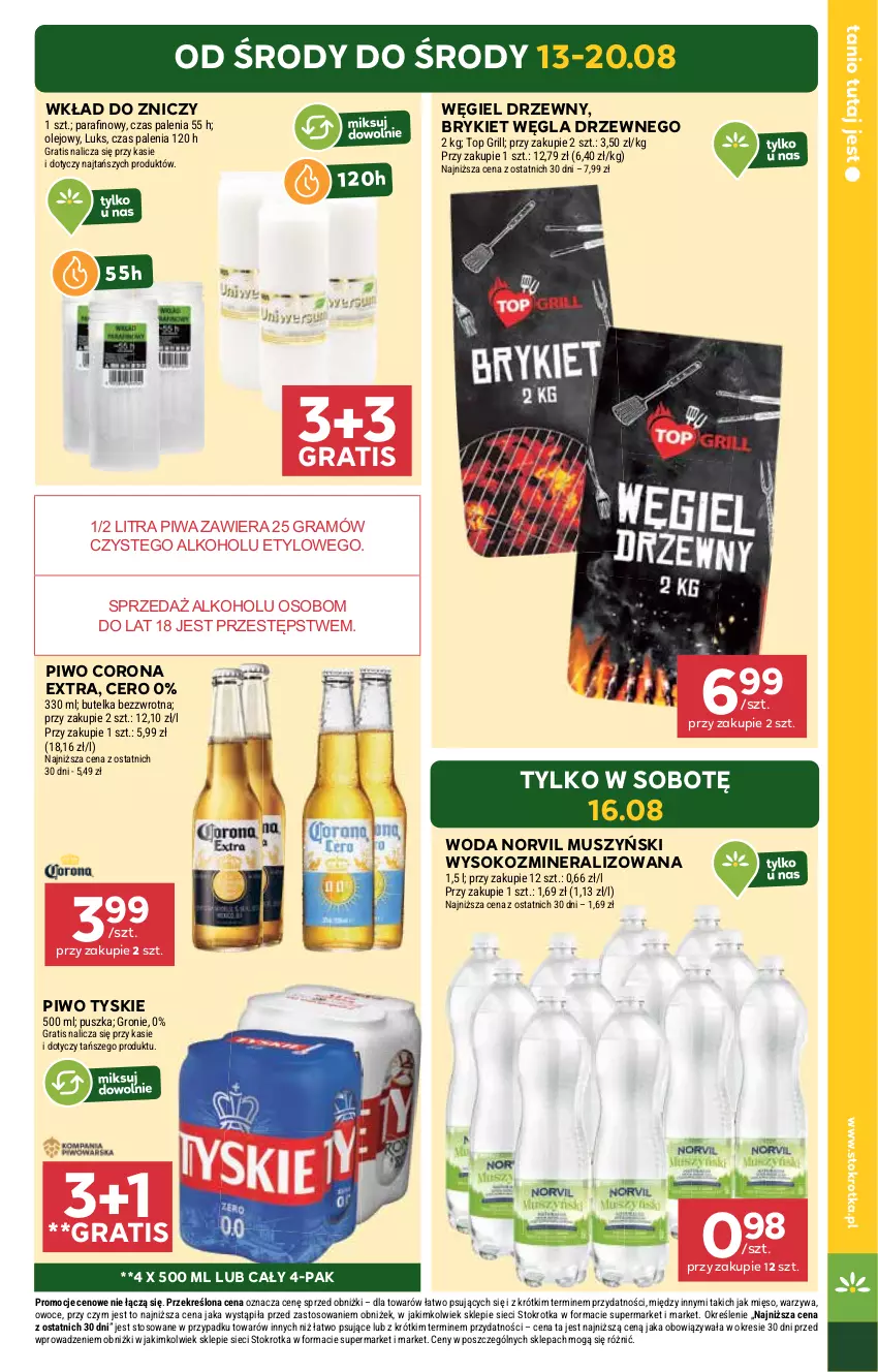 Gazetka promocyjna Stokrotka - Supermarket - ważna 13.08 do 20.08.2025 - strona 3 - produkty: Corona Extra, Gra, Grill, Mięso, Mus, Olej, Owoce, Piwa, Piwo, Sok, Top, Tyskie, Warzywa, Węgiel drzewny, Woda, Znicz