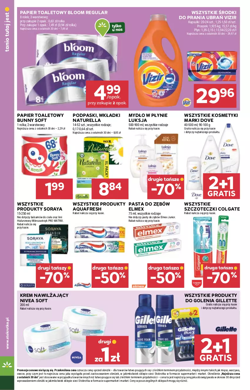 Gazetka promocyjna Stokrotka - Supermarket - ważna 13.08 do 20.08.2025 - strona 30 - produkty: Aquafresh, Colgate, Dove, Elmex, Gillette, Gra, Krem nawilżający, LG, Luksja, Mięso, Mydło, Mydło w płynie, Naturell, Naturella, Nivea, Owoce, Papier, Papier toaletowy, Pasta do zębów, Podpaski, Vizir, Warzywa, Wkładki